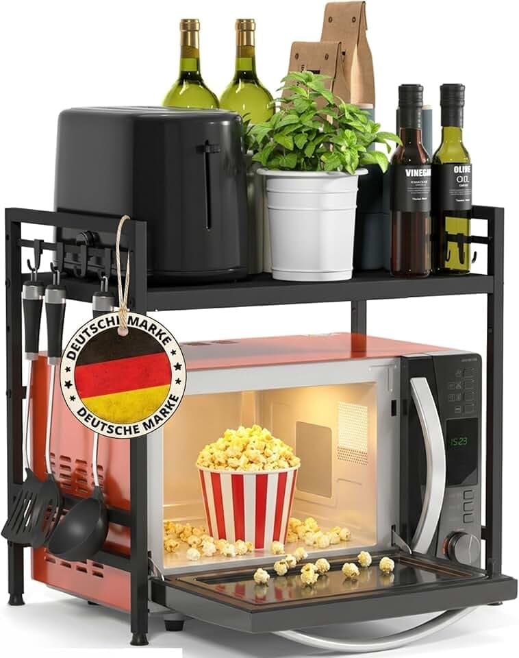 Heldenwunder Mikrowellenregal Küchenregal stehend Stahl Mikrowellen Regal | Mikrowellenschrank Vorratsregal Bäckerregal höhen & längenverstellbare Ablage + Videoanleitung, Haken - 2-stufig, Schwarz