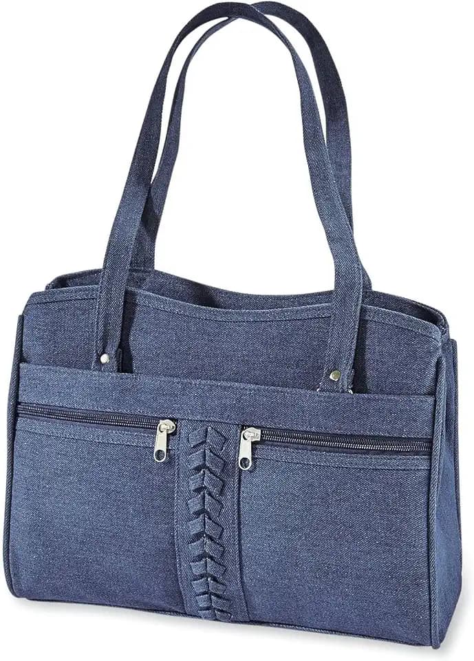 Braided Trim Denim Bag, Soft Jean Handbag for Women, Casual Purse with Multiple Pockets, Crossbody Shoulder Strap, Two Top Handles