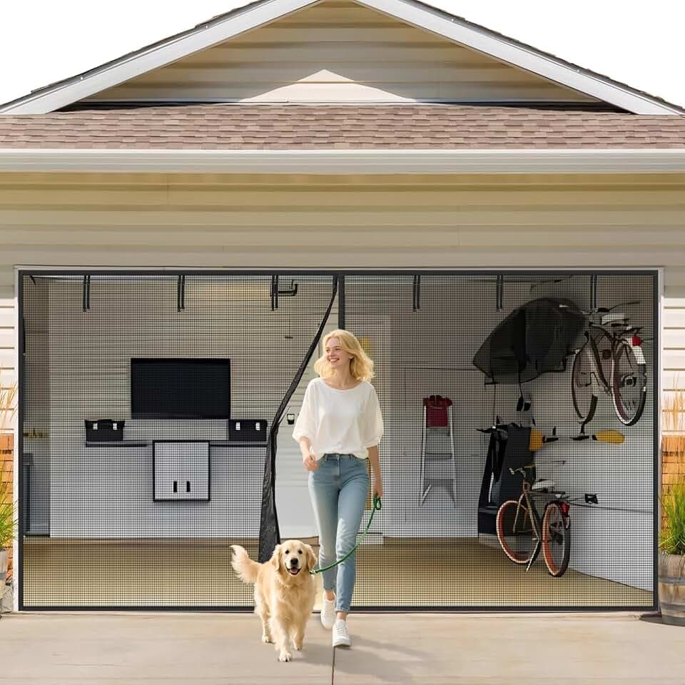 Garage Door Screen 1 Car 12x8ft Garage Screen Door,Upgraded PET Mesh Stronger Than Fiberglass and Polyester, Heavy Duty Weighted Bottom and Magnetic Closure,Hands Free,Easy Assembly