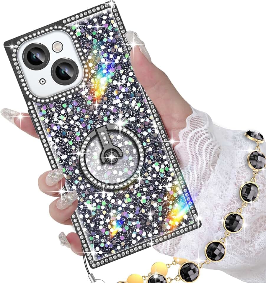 Miss Arts for iPhone 14 Plus/15 Plus Case with Ring Stand, Glitter Sparkle Phone Case for Women Girls, Rhinestone Luxury tective Cover for iPhone 14 Plus/15 Plus 6.7", Black