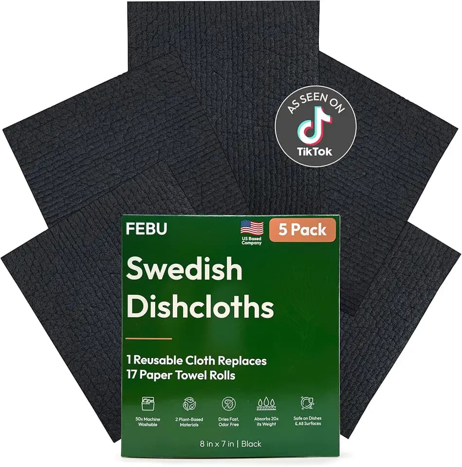 FEBU Swedish Dishcloths for Kitchen, 5 Pack, Solid Black