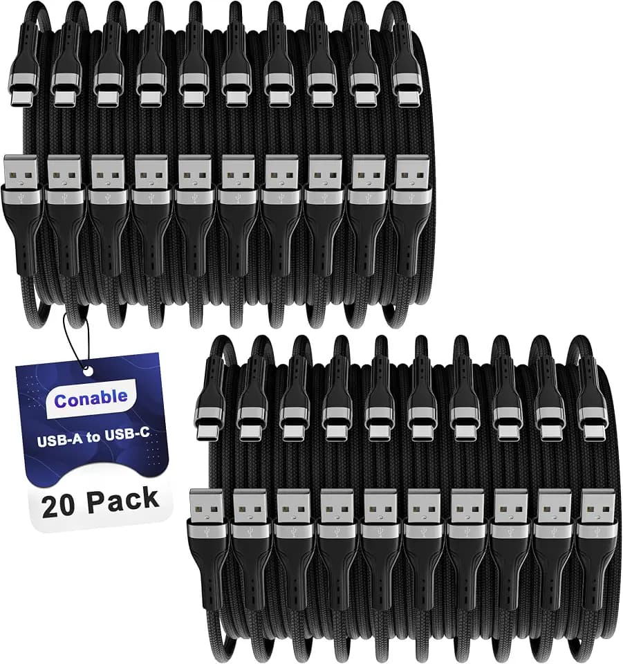 USB C Cable (2FT, 20 Pack), USB A to USB Cord, 3A Fast Charging, Braided