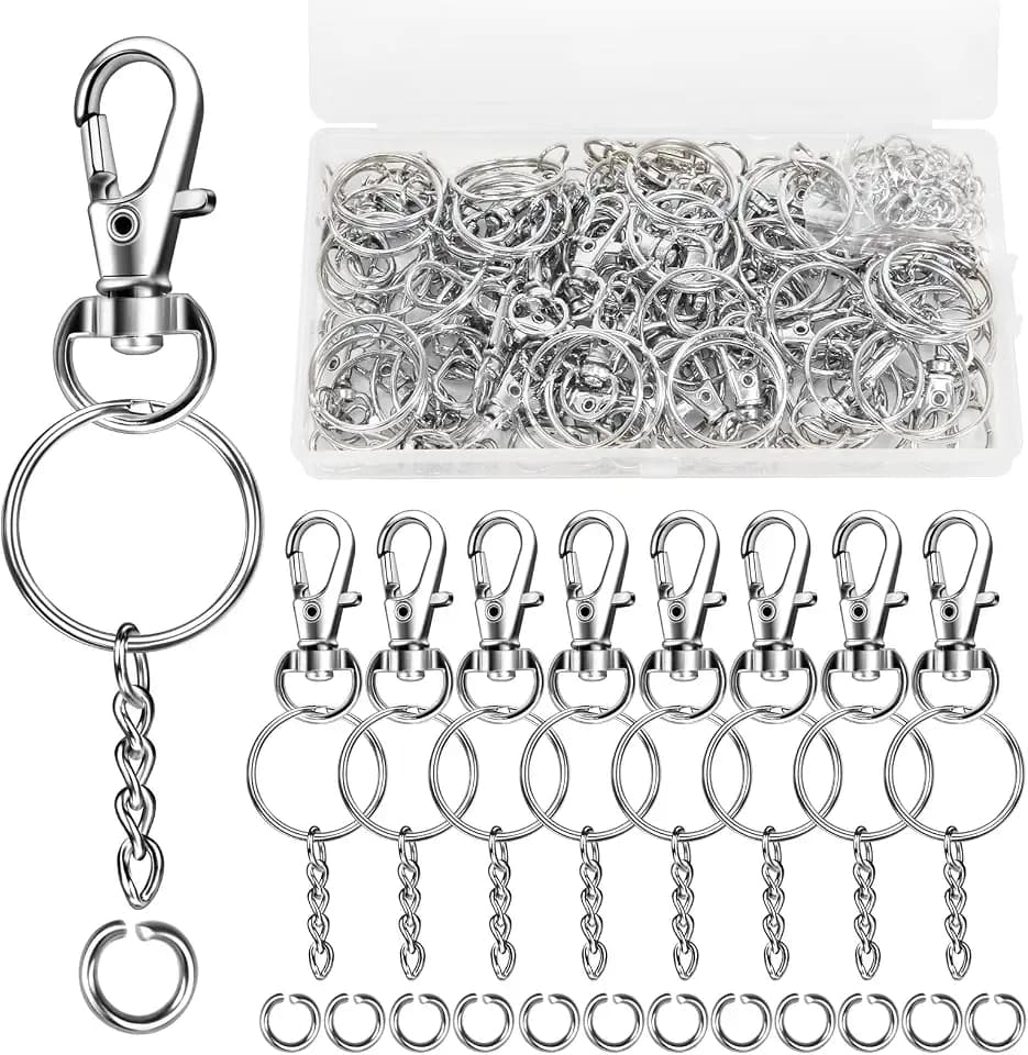 150 Stück Schlüsselanhänger Set 50 Schlüsselring mit Kette 50 Offene Binderinge 50 Karabinerhaken mit Drehgelenk Karabiner Schlüsselanhänger für DIY Kunsthandwerk Schmuck machen(Silber)
