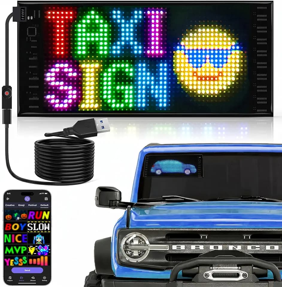 RAYHOME Full Color Dual Row LED Light Sign for Car, 10.6''x4.7'' Scrolling LED Signs Flexible 5V/2A Bluetooth APP Control LED Car Sign Custom Text Message Pattern Programmable LED Display