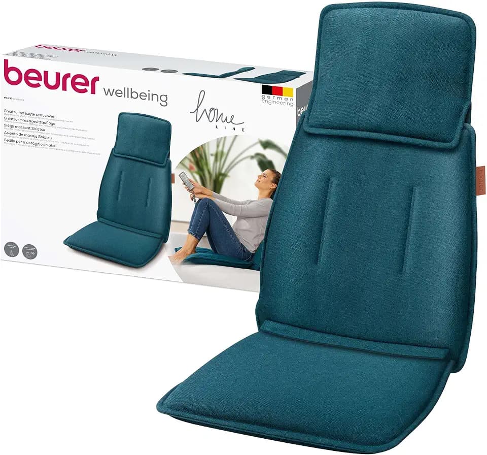 Beurer MG 330 Shiatsu-Massagesitzauflage, 3 Massagebereiche und 2 Intensitäten, tiefenwirksame Massage für Nacken, oberen und unteren Rücken, handsimulierende Massage im Nackenbereich, Petrol
