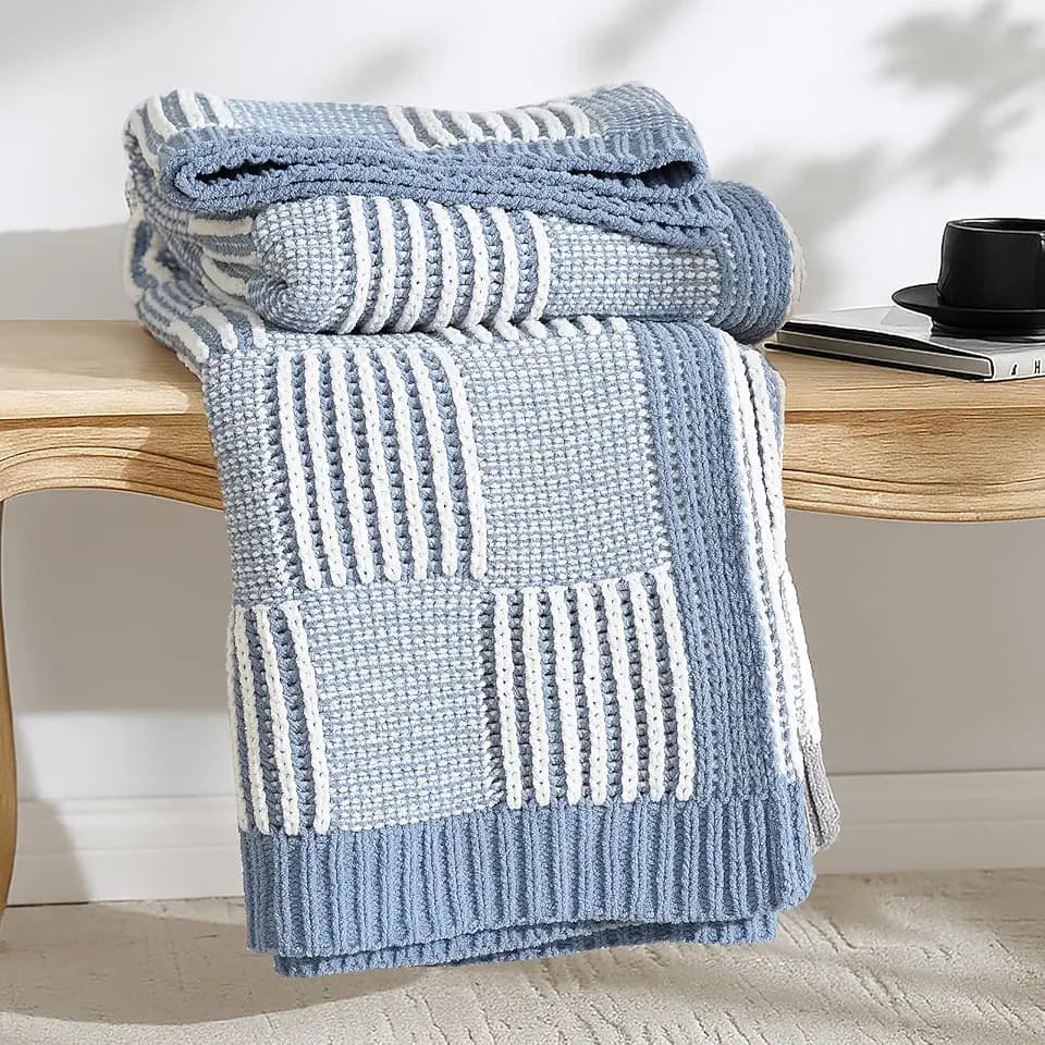 Amélie Home Checkered Knit Throw Blanket for Bed, Washed Blue 60"x80"