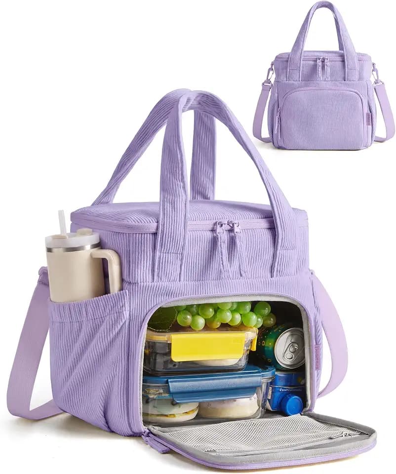 BAGSMART Corduroy Large Lunch Bag Women 14L Double Deck Insulated Lunch Box
