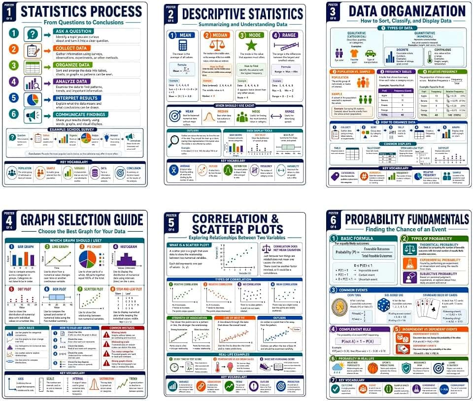 6 Statistics Posters for Classroom, Probability and Data Charts, Unframed