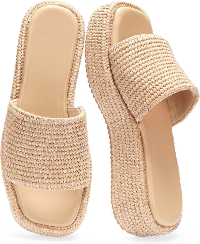 Monrovia Platform Sandals Women Raffia Espadrille Slides, Woven Straw Flatform Beach Sandals Women, Slip On Summer Vacation Shoes, Comfortable Casual Daily Wear