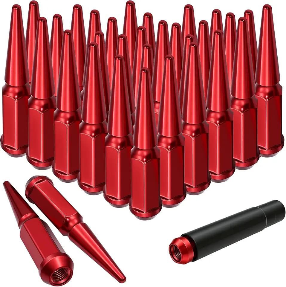 M12x1.5 Red Wheel Spike Lug Nuts, 12mmx1.5 Spiked Lug Nut with 1 Socket Key, 4.4" Tall Cone Seat Closed End 3/4" Hex Lugnut Compatible with 2006-2022 Camry Accord RAV4, Set of 32