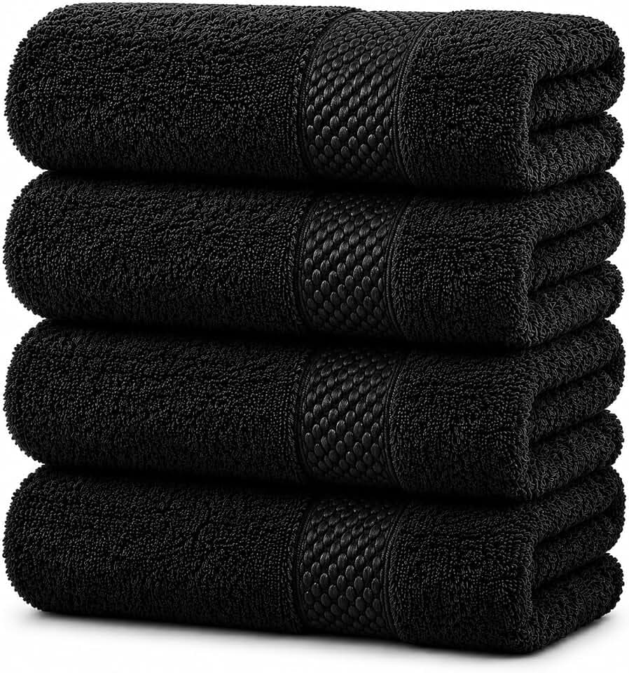 Pack of 4 Extra Large Bath Towels 30 x 60 Inches, 100% Combed Yarn Cotton, Super Soft, Lightweight, Larger & Fast Drying, Highly Absorbent Towels for Bathroom, (Black)