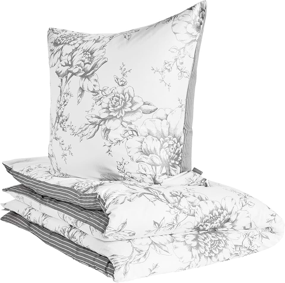 Zeitgeist Ibena Cholet Bettwäsche 155x220 cm – Baumwoll Bettwäsche-Set 2 TLG. Blumen und Streifen grau weiß, mit Reißverschluss 1x 155x220 cm + 1x 80x80 cm