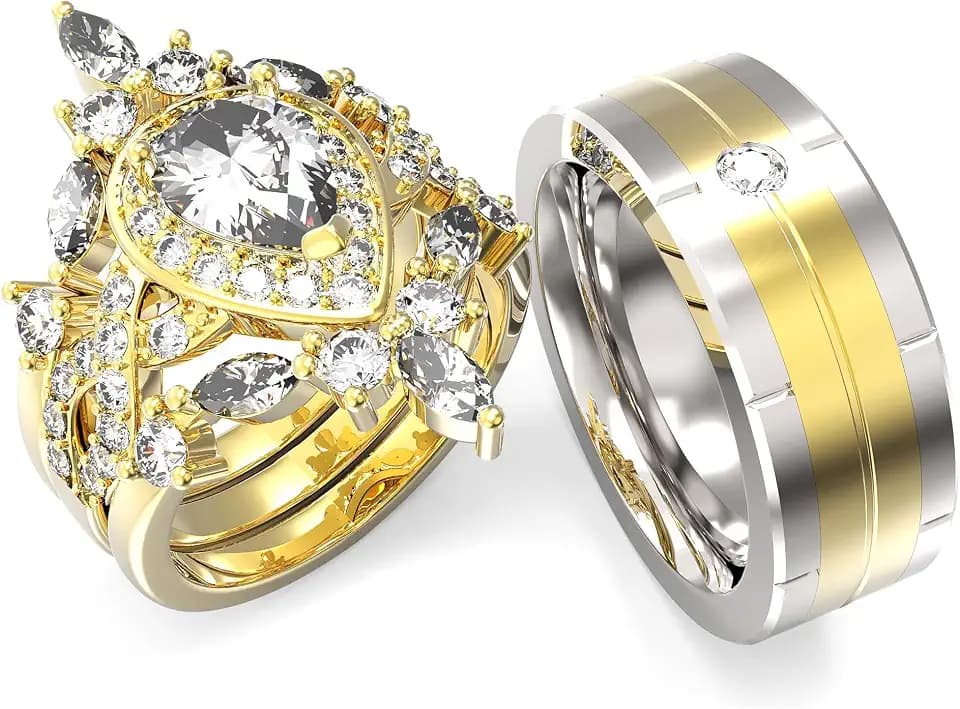 Couple Ring Bridal Set His And Hers Women 10k Yellow Gold Filled Round Cz Ring Set Men Titanium Band Wedding Ring Band Set