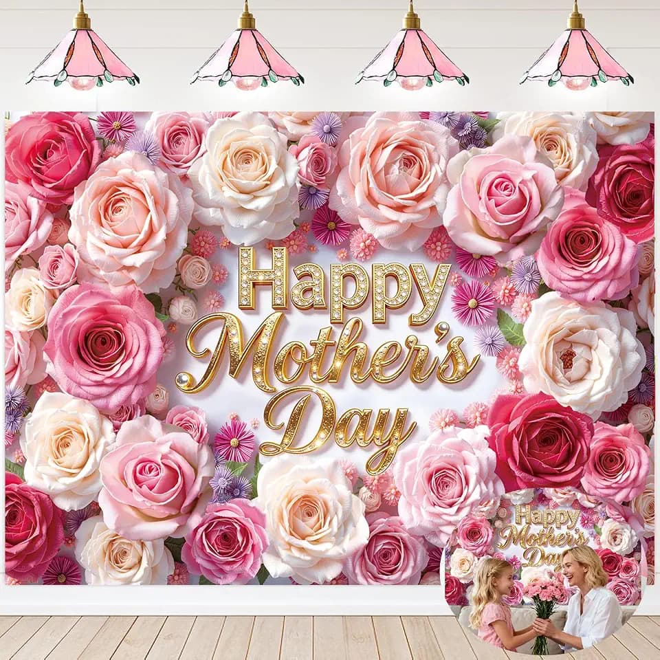 Happy Mother's Day Banner Backdrop 7x5FT Pink Flowers Wall Best Mom Ever Photography Background Mothers Day Party Decorations Supplies Photo Props