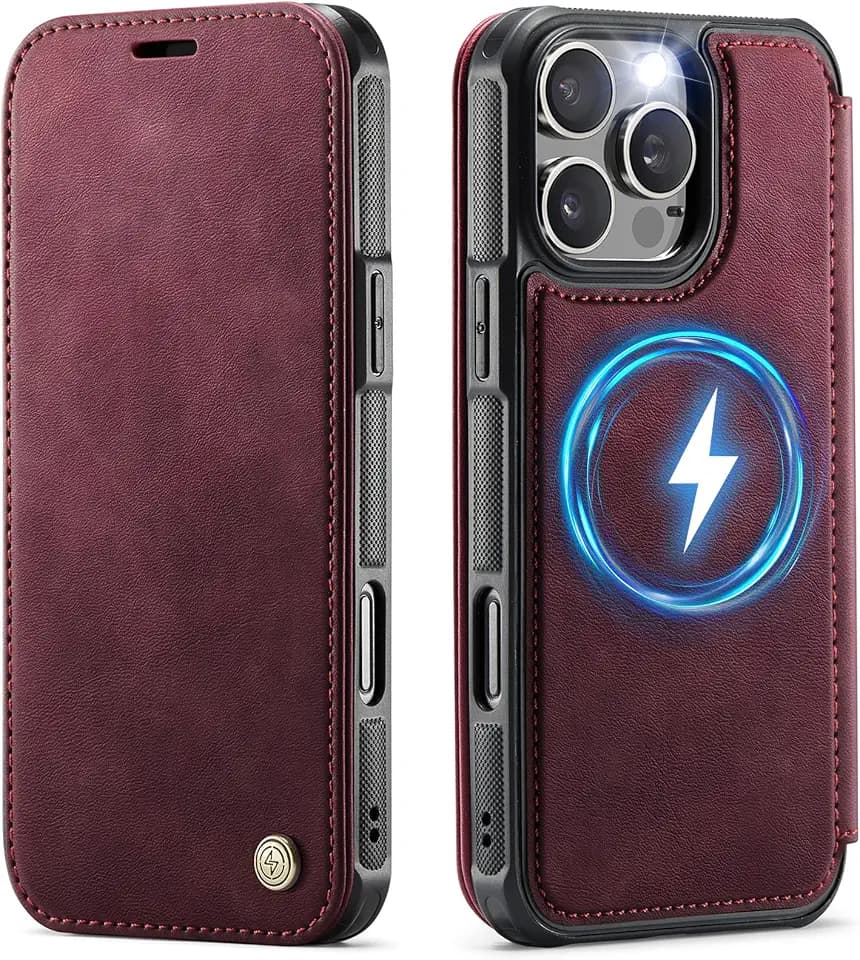 for iPhone 16 Pro Max Slim Wallet Case Wireless Charging, Burgundy