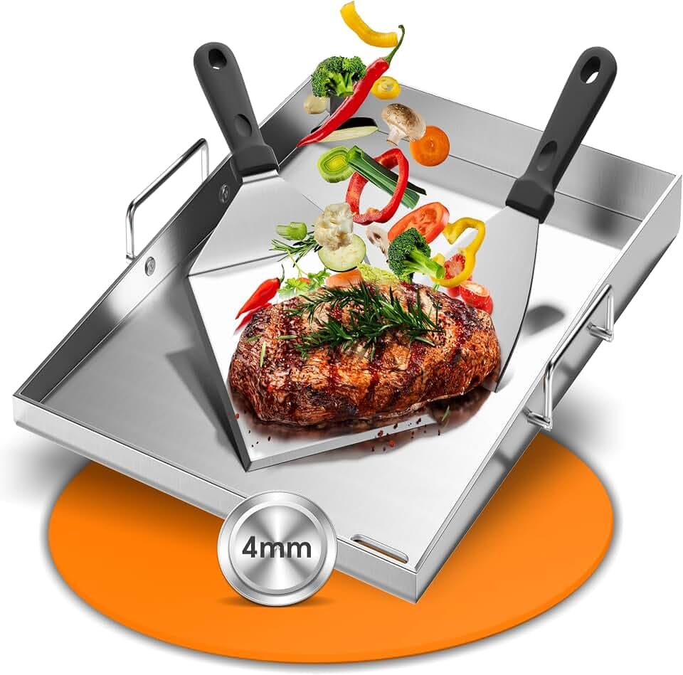 Plancha Grillplatte Edelstahl 40x30cm (4mm) für Gasgrill & Holzkohlegrill – Geschlossene Ecken, Fettablauf, Rostfrei – mit Tragebügel & 2 Spachtel – Camping & Garten