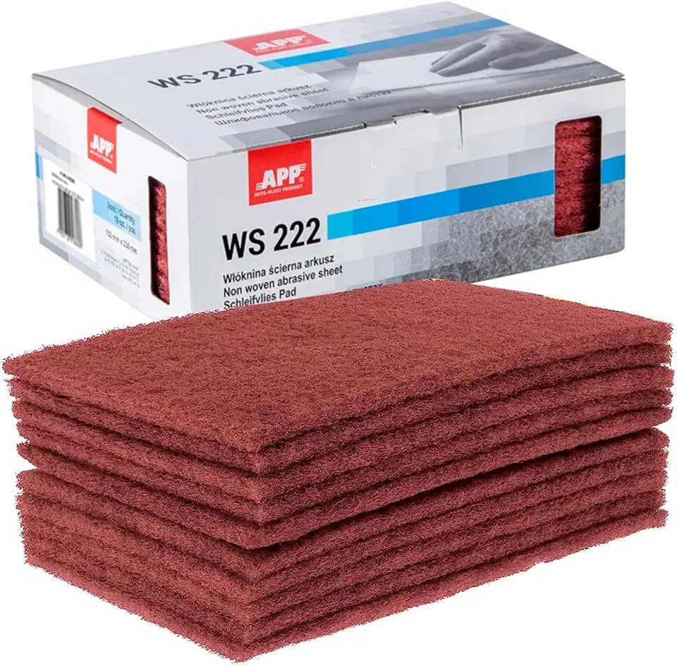APP WS 222 - Schleifvlies-Pads, 10er-Set, 150 x 230 mm, rot | Schleifvlies für Metall, Holz, Stahl & Edelstahl | Mittelkörnige Schleifwolle, Körnung: 320-360