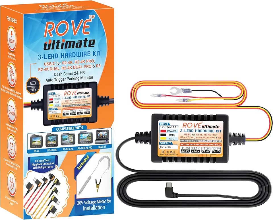 ROVE Ultimate Dash Cam Hardwire Kit, USB-C Port, 24Hr Parking Monitoring