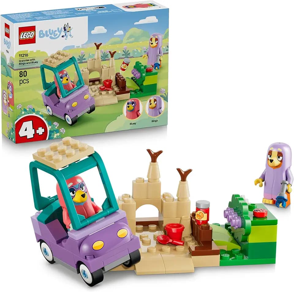 LEGO Bluey Omas mit Bingo und Bluey - Lernspielzeug mit Auto, 2 Minifiguren & Garten - Montessori Set - Geburtstagsgeschenk für Mädchen & Jungen ab 4 Jahren - 11216