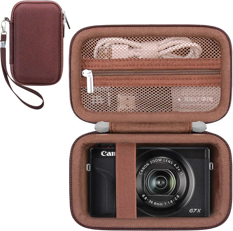 RAIALL Camera Case for Canon PowerShot G7 X Mark III/ G7X Mark II Digital Camera, Hard Carrying Case Protective Travel Bag, Mesh Pocket for Batteries and USB Cable, Brown