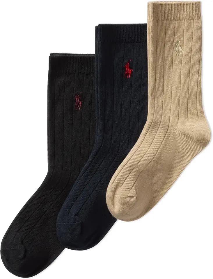 POLO RALPH LAUREN Boys Classic Solid Rib Dress Crew Socks, 3 Pairs