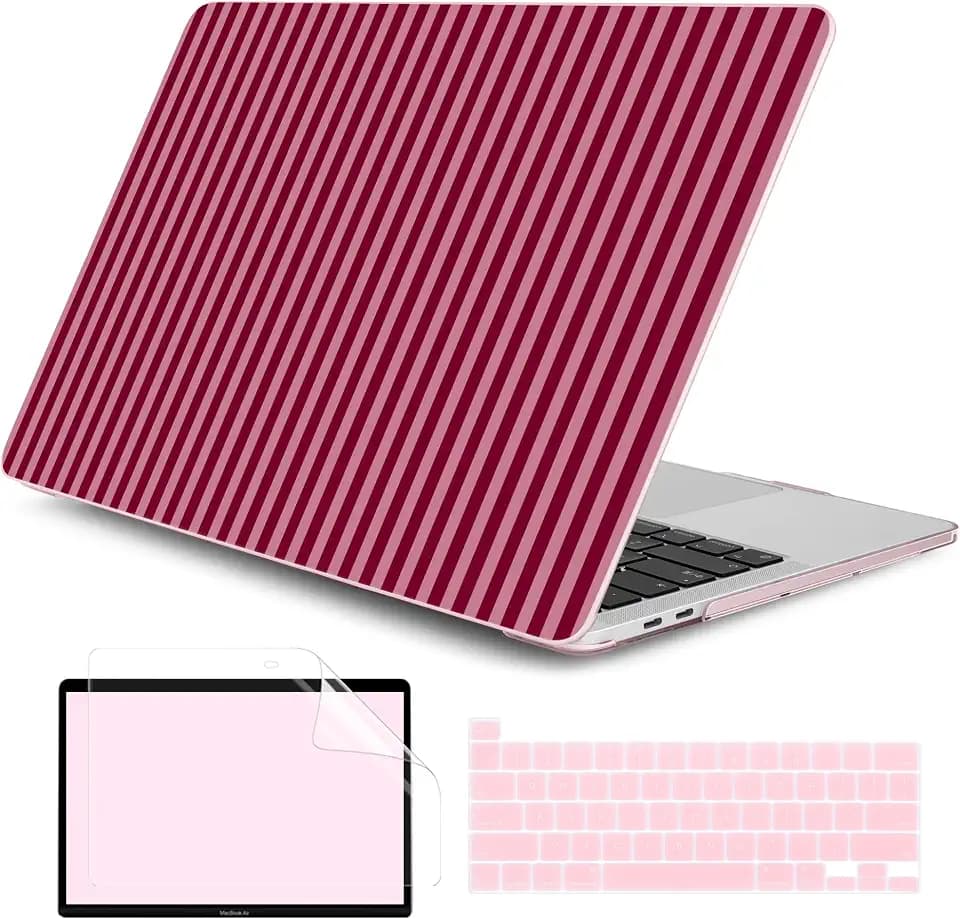 DONGKE Case for MacBook Pro 13 Inch (2026-2020 Models A2338 M2 M1/A2251/A2289), Red & Pink Stripes Hard Shell Case with Keyboard Protector, Compatible with Retina Display and Touch Bar