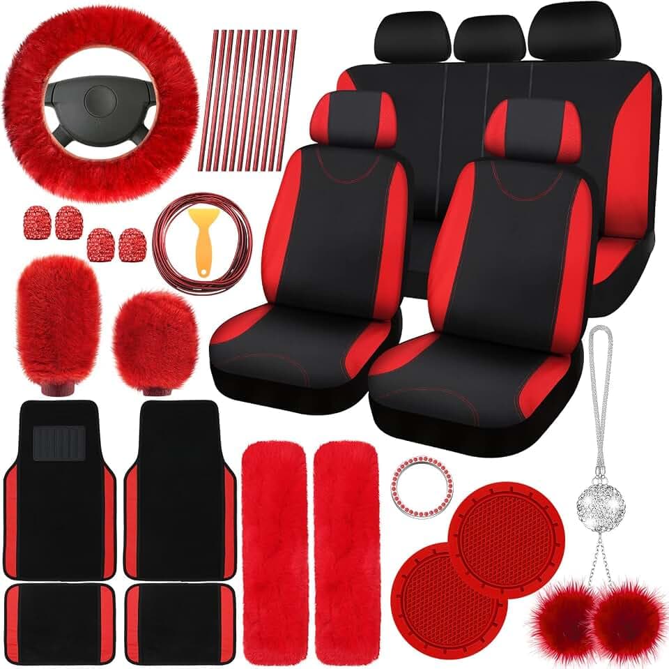 Woanger 47 Car Seat Cover Full Set Car Accessories for Women, Red Black