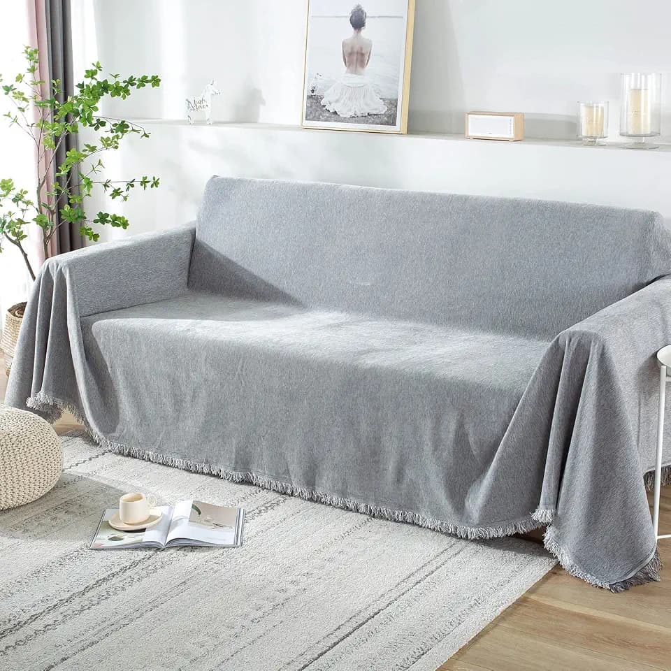 SHANNA Sofa überwurfdecke für 2-/3-/4-Sitzer, sofaüberwurf Decke Couch überwurf Baumwolle Waschbar Anti-rutsch Schmutzabweisend Kissen couchdecke überwurf Nahtlos mit Quasten(180 x 300 cm, hellgrau)