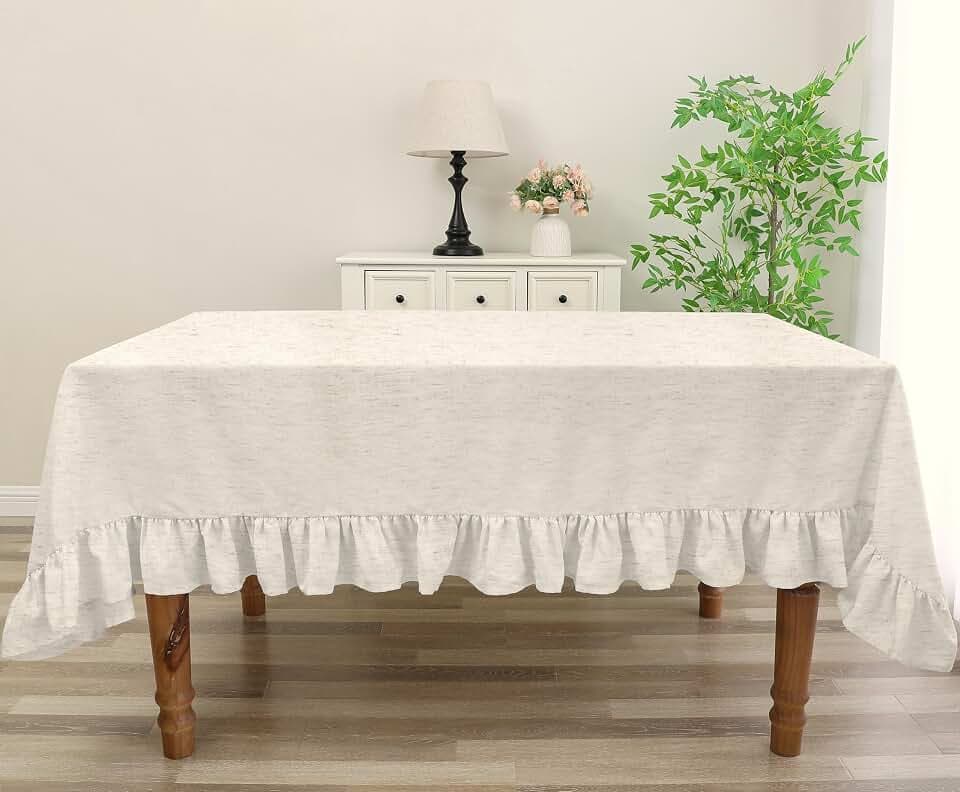 60"x120" Decorator Tablecloth Dining and Banquet Rustic Style Linen Ruffled Edge (Natural)