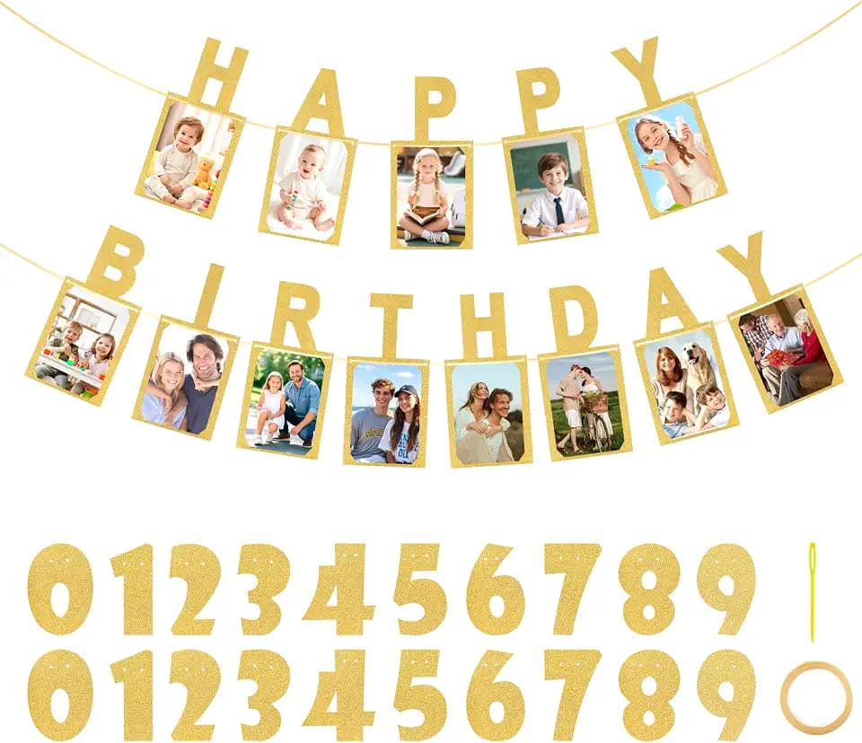 Custom Age Birthday Photo Banner with Interchangeable Numbers, 13 Pre-Cut Letters with 4x6 Photo Slots, No-Shed Gold Glitter Banner for 1st 30th 50th Party