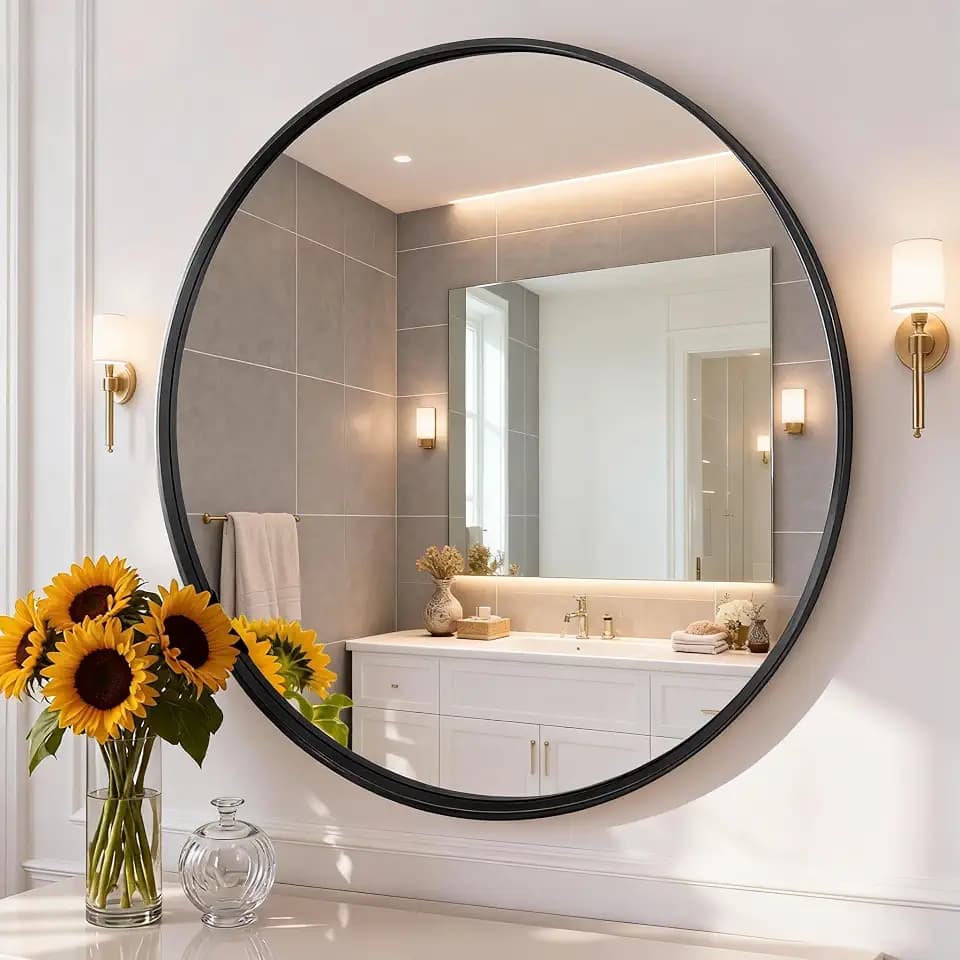 NEWBULIG Round Bathroom Mirror 36", Wall Mirror with Aluminum Alloy Thin Frame, Bathroom Mirrors for Over Sink, Bedroom, Living Room, Entryway, Black
