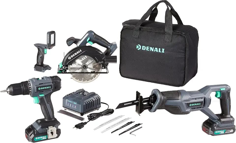 Amazon-Marke: Denali by SKIL, Bohrmaschine, Stichsäge, Kreissäge und Flutlicht, 18 Volt (20 V max.), inklusive zwei 2,0 Ah Lithium-Akkus und Ladegerät, Blau