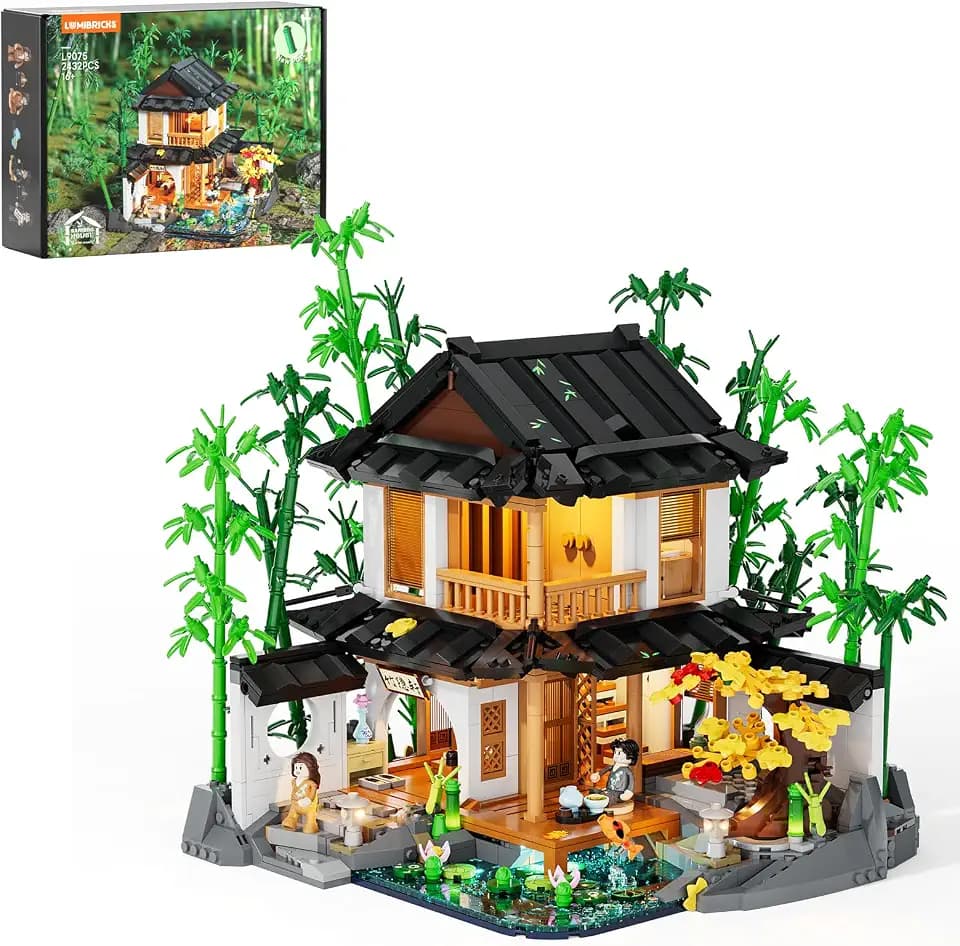 Lumibricks Bambushaus Beleuchtetes Baustein-Set – 2432 Teile Retro Chinesisches Gartenhaus & Baumhaus mit LED-Licht, für Erwachsene und Sammler traditioneller Architektur