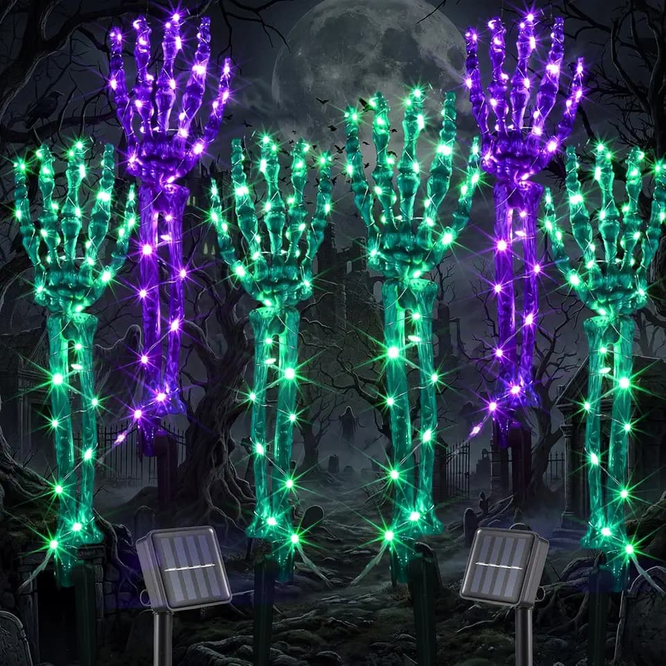 Riakrum 6 Pcs Halloween Solar Lighted Skeleton Arm Stakes Decoration Scary Realistic Hands Bone with 300pcs LED Light Skeleton Hands Stakes for Indoor Outdoor (Purple, Green,36 x 27.5 x 10 cm)