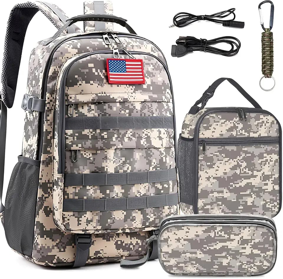 School Backpack for Boys - 4pcs Camo Boys Backpack with Lunch Box Set for Kids Teens Elementary Middle School - 18″ Camouflage Bookbag with Usb Charging Port