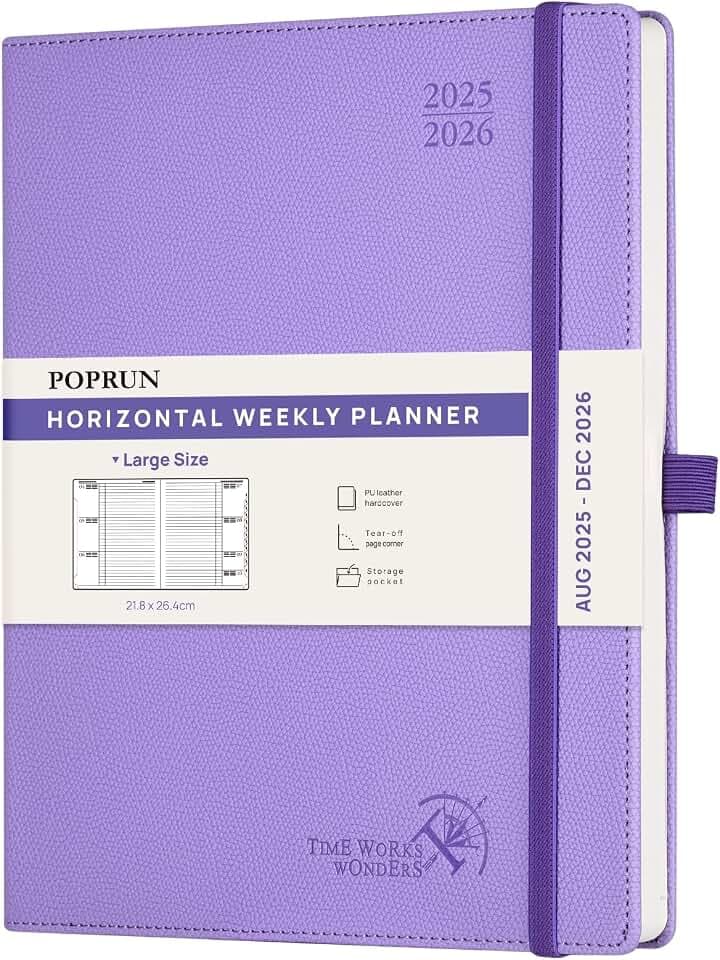 POPRUN Kalender 2025 2026 Horizontale Wochenplaner (Aug.2025-Dez.2026) Hardcover mit PU-Leder, ca. A4 (21.8x26,4 cm), 17-Monate-Terminplaner 1 Woche 2 Seite, Lavendel