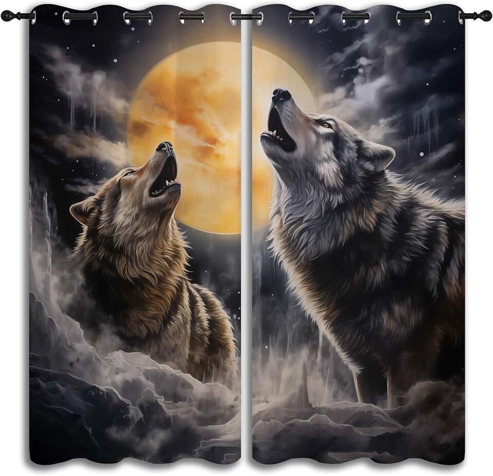 Fantasy Wolf Blackout Curtains for Boys Girl Bedroom Decor,Full Moon Starry Sky Wildlife Retro Thermal Insulated Grommet Drapes Darkening Window Curtain for Living Room Home 42x63 inch