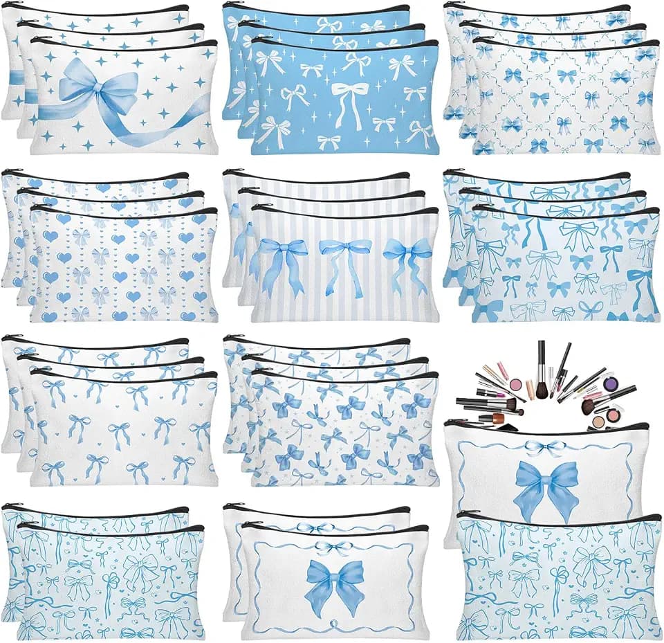 30pcs Blue Bow Makeup Bag Coquette Bow Cosmetic Bags for Women Preppy Pouch Travel Toiletry Bag Coquette Party Favors for Mother Bridesmaids Wedding Supplies