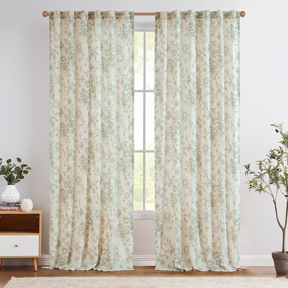 TOPICK Floral Gardinen Leinenoptik Vorhänge 2er Set H210xB140 Grün Beige | Lichtdurchlässig Gardinen Wohnzimmer boho landhausstil blickdicht Vorhänge Schlafzimmer mit Tunnel und verdeckten schlaufen