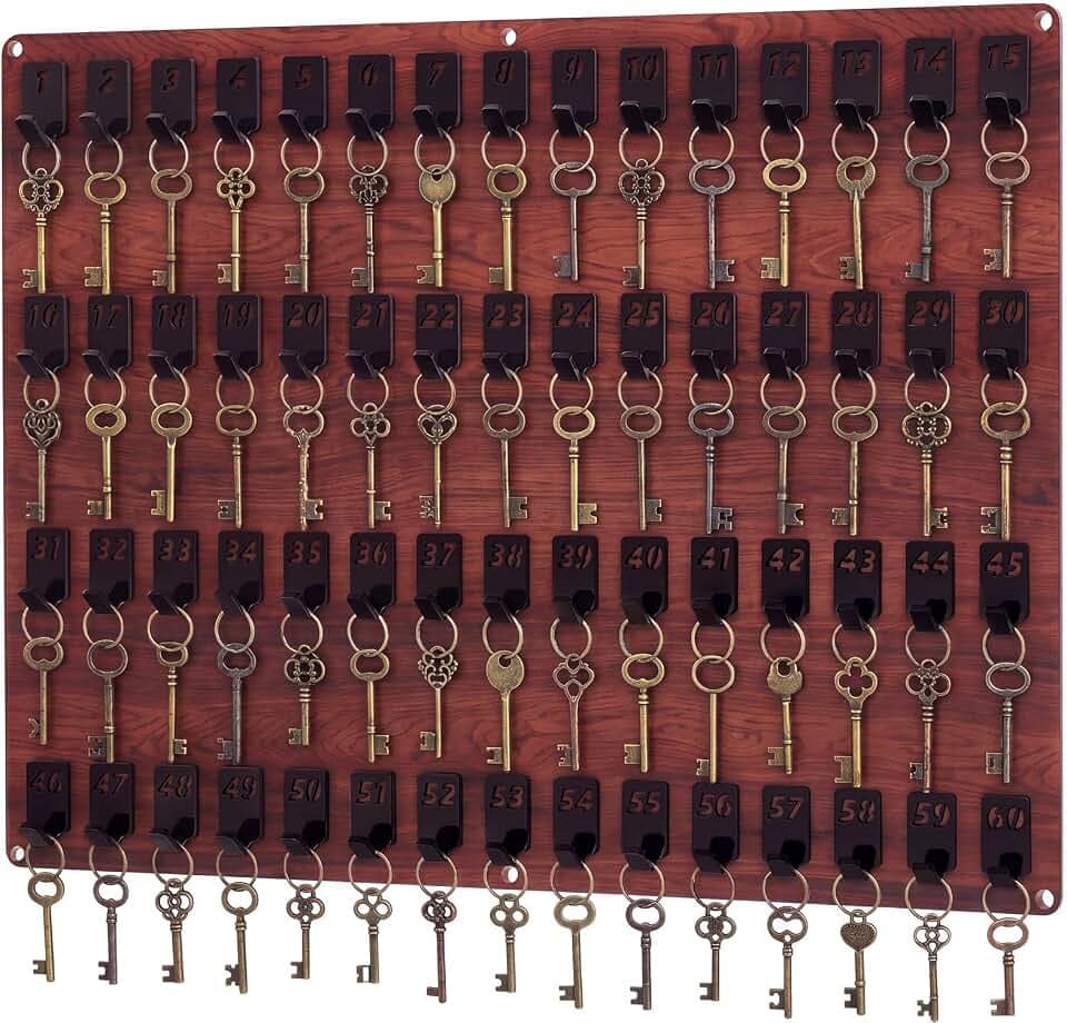 Beeveer Acrylic Key Holder Board with 60 Hooks, Wall Mount Organizer,Walnut
