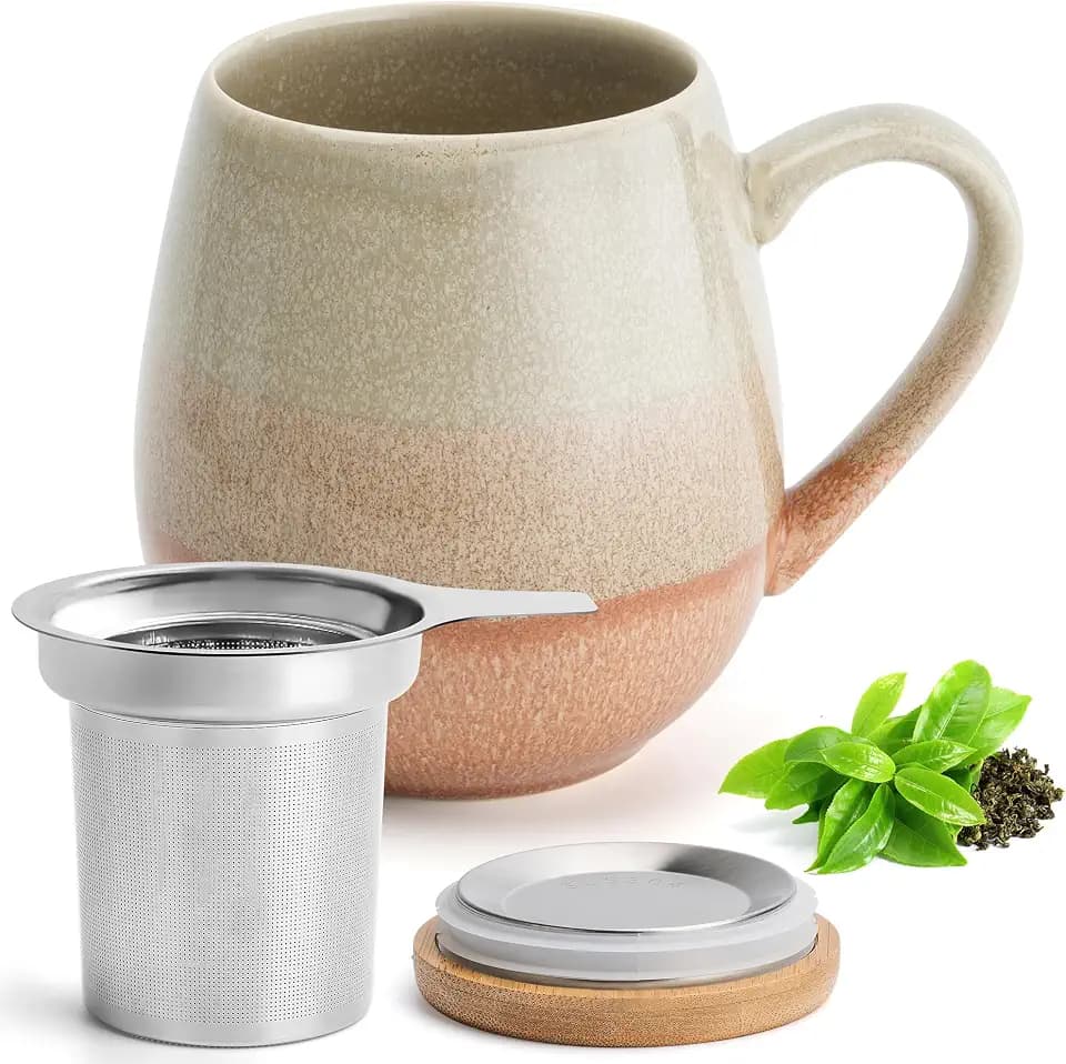 XXL Teetasse mit Deckel und Sieb - 550 ml - Tee Tasse Groß - Tea Cup - Jumbotasse (Beige)