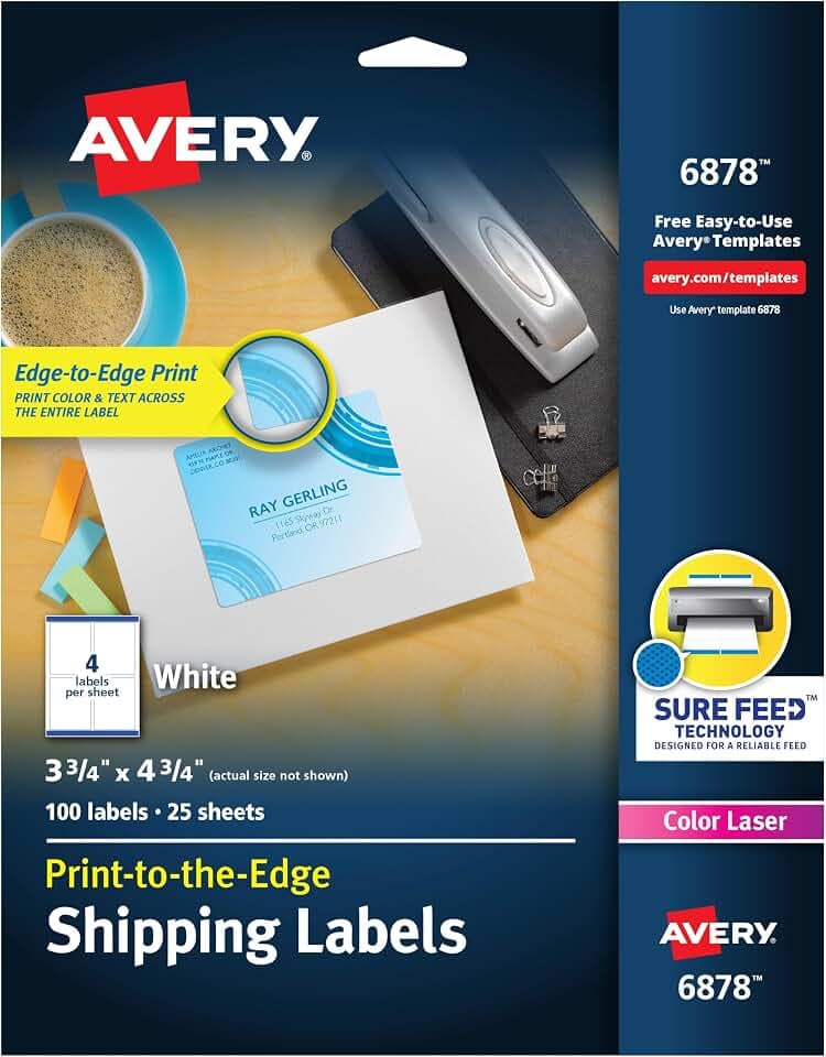 Avery Print-to-the-Edge Printable Shipping Labels, 3.75" x 4.75", Matte White, Sure Feed Technology, Laser & Inkjet Compatible, 100 Blank Labels, Great for Mailing, Branding, and More (6878)