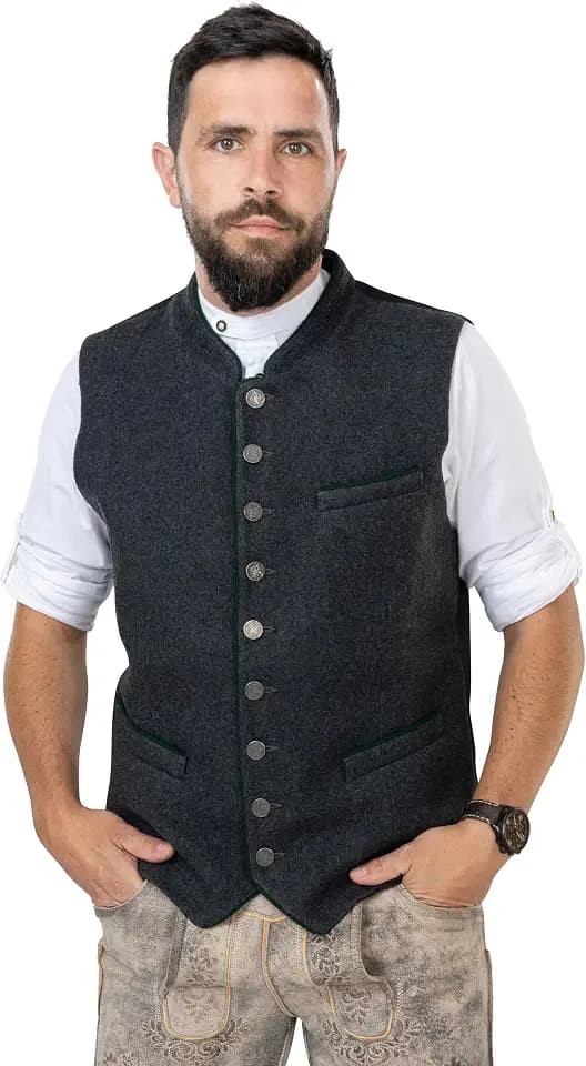 Trachtenweste Herren aus Wolle – Lodenweste grau für Oktoberfest | Trachten Wollweste für Lederhose - Trachten-Gilet Benedikt