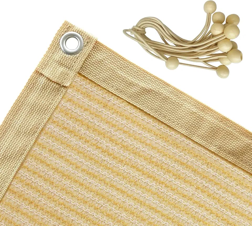Shatex 90% Shade Fabric 6' x 10' Sun Shade Cloth with Grommets for Pergola Cover Canopy, Wheat, 12 Bungee Balls