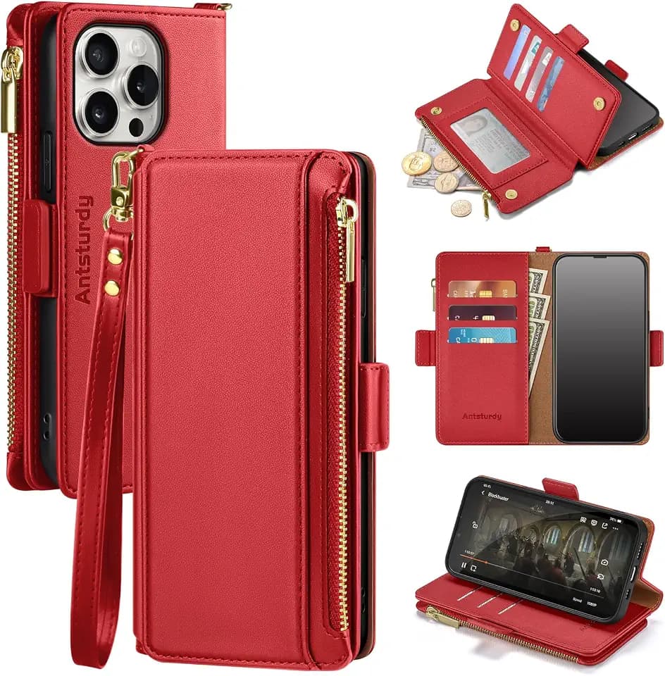 Antsturdy for iPhone 16 Pro Max Phone Wallet Case Women,Red