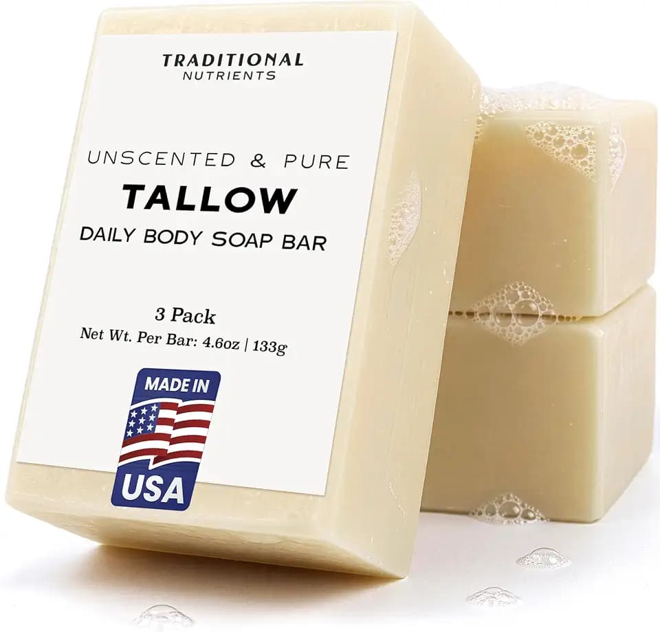 TRADITIONAL NUTRIENTS Unscented Beef Tallow Soap Bar, Grass Fed and Finished Tallow and Lye, 4.6oz Bar, Natural, Pure Suet Tallow (Pack of 3)