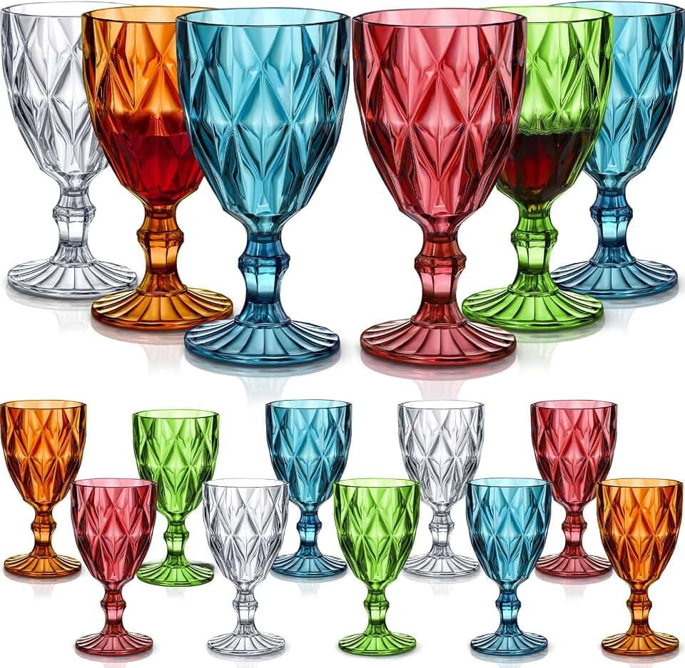 Zhehao 16 Pcs Plastic Goblets 12 oz Embossed Wine Glasses 5 Colors