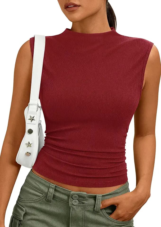 PRETTYGARDEN Women's Sleeveless Mock Neck Ribbed Tank Top