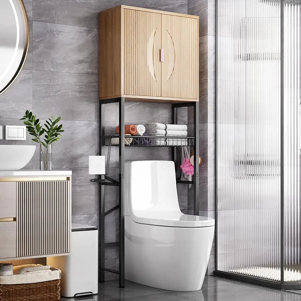 Kalrin Over The Toilet Storage Cabinet with Fluted Wave Doors and Adjustable Shelf, Wood Over Toilet Storage Rack with Drain Basket, Freestanding Bathroom Organizer for Balcony Laundry, Wood & Black