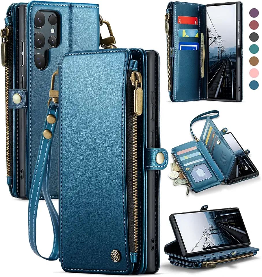 Defencase for Samsung Galaxy S22 Ultra Wallet Case with Card Holder, Blue